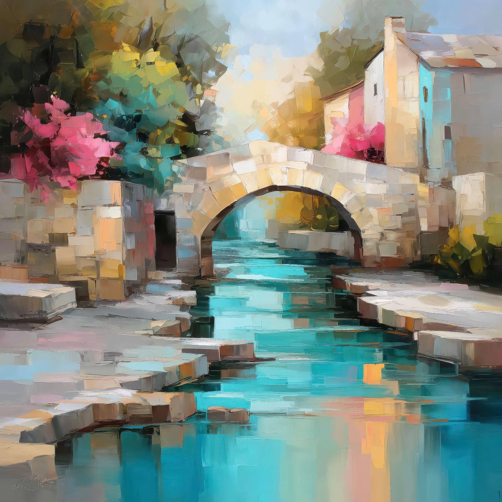 (80x80cm) LE PONT DU VILLAGE